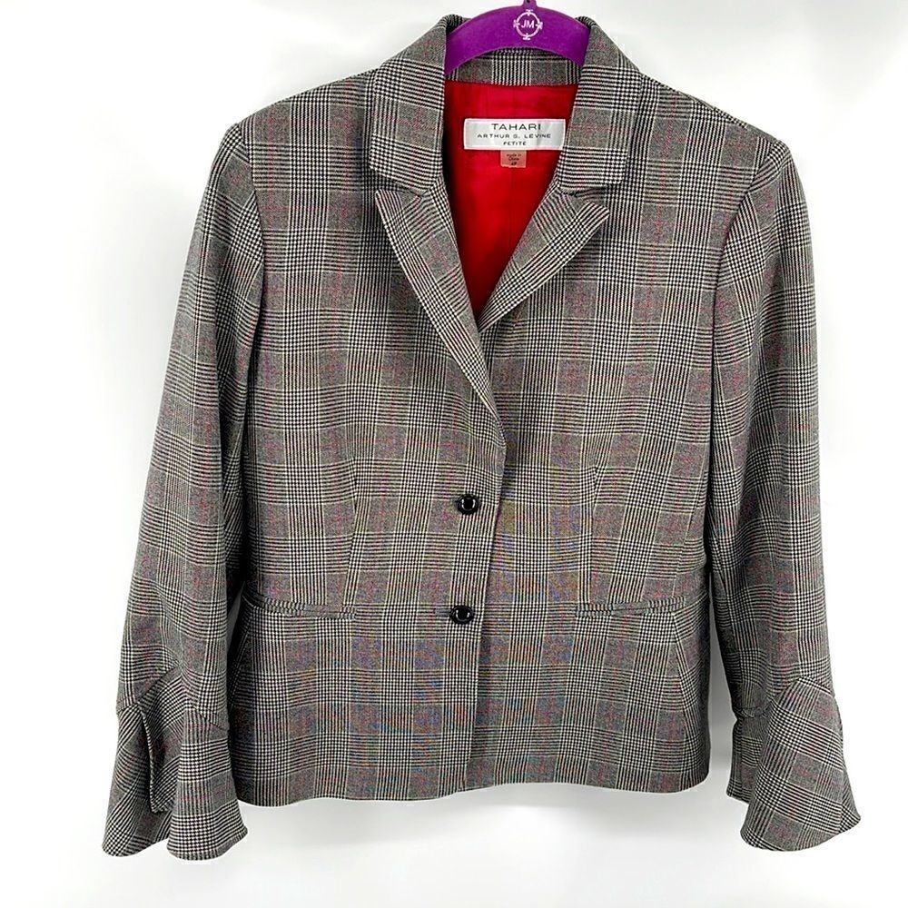 Tahari ASL petite 4 4P plaid blazer suit coat jacket split bell sleeves EUC